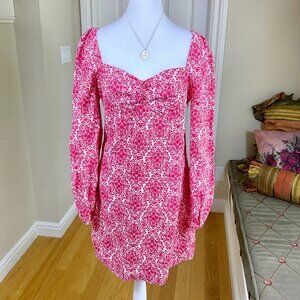 Boden Dress Linen Mini Long Puff Sleeve Sweetheart Neckline Cherry Red Print (6)